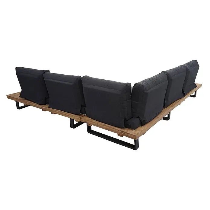 Garten-Garnitur mit Sessel | Lounge-Set Sofa | Spun Poly Akazie Holz FSC® Aluminium | Hellbraun | Polster Dunkelgrau -  - Rückansicht eines modularen Outdoor-Sofas mit Lattenrost aus Holz, schwarzen Metallbeinen und dunkelgrauen Rückenkissen.