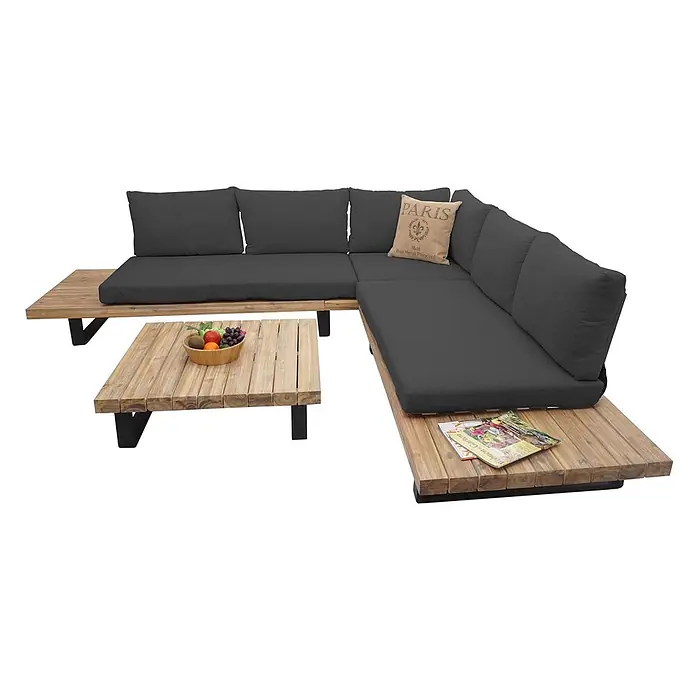 Garten-Garnitur | Garnitur Sitzgruppe Lounge-Set | Spun Poly Akazie Holz FSC® Alu | Hellbraun | Polster Dunkelgrau -  - Holz-Lounge-Set mit dunkelgrauen Kissen und Beistelltisch.