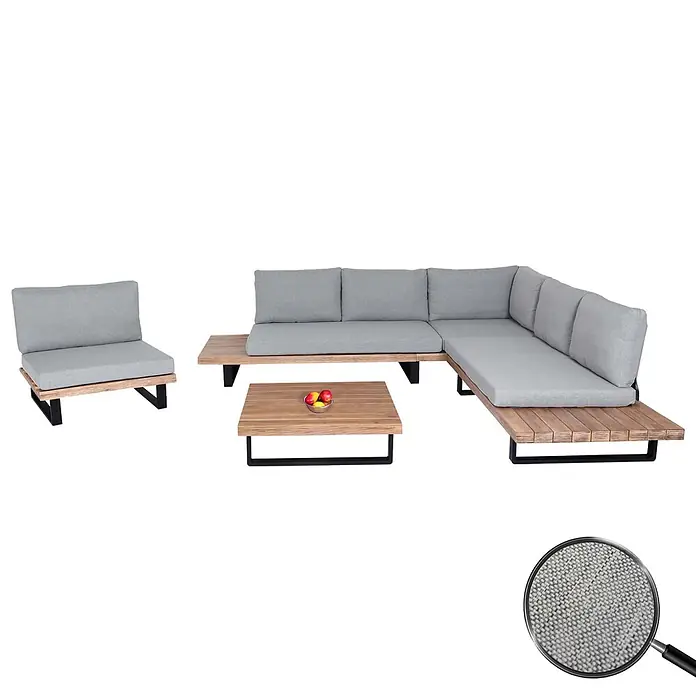 Garten-Garnitur mit Sessel | Lounge-Set Sofa | Spun Poly Akazie Holz FSC® Aluminium | Hellbraun | Polster Hellgrau -  - Modulares Outdoor-Lounge-Set mit hellgrauen Kissen, Lattenrost aus Holz und schwarzen Metallrahmen, inklusive Nahaufnahme der Stofftextur.