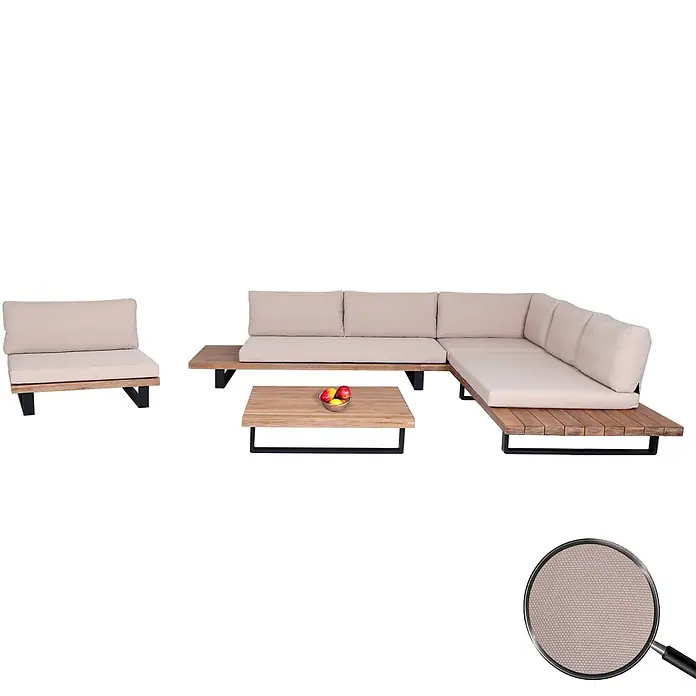 Garten-Garnitur mit Sessel | Lounge-Set Sofa | Spun Poly Akazie Holz FSC® Aluminium | Hellbraun | Polster Beige -  - Outdoor-Lounge-Set mit beigen Kissen, Holzrahmen und schwarzen Metallfüßen, bestehend aus Ecksofa, Sessel und Couchtisch.