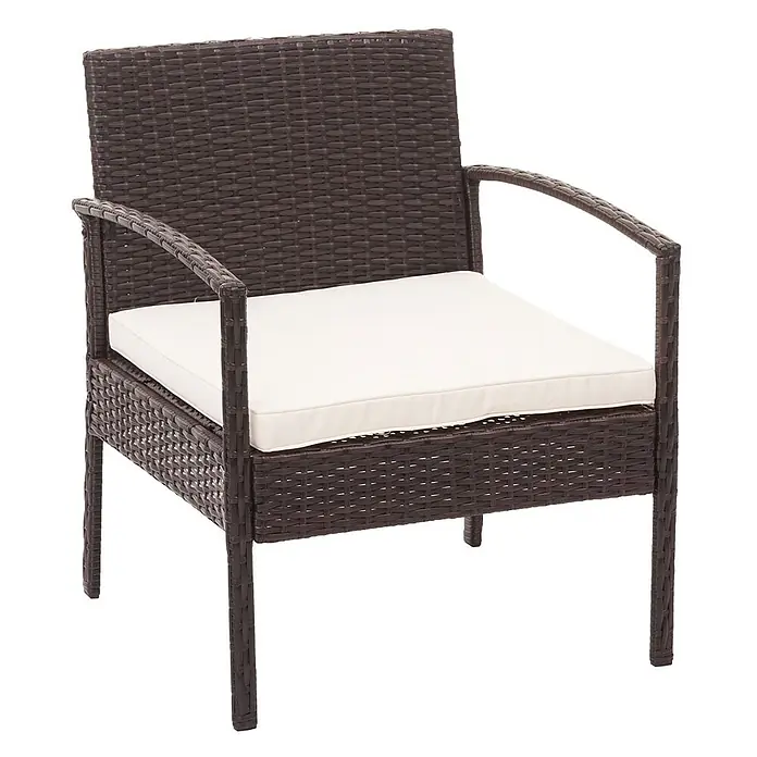 Poly-Rattan Garnitur | Balkon-/Garten-/Lounge-Set Sitzgruppe | Braun | Kissen Creme -  - Dunkelbrauner Korbsessel mit cremefarbenem Sitzkissen.