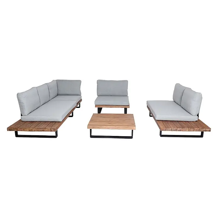 Garten-Garnitur mit Sessel | Lounge-Set Sofa | Spun Poly Akazie Holz FSC® Aluminium | Hellbraun | Polster Hellgrau -  - Modulares Outdoor-Lounge-Set mit hellgrauen Kissen, Holzbasen und schwarzen Metallgestellen, bestehend aus Ecksofa, Stuhl und Couchtisch.
