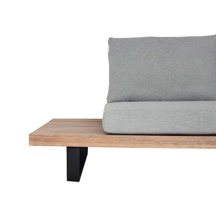 Garten-Garnitur mit Sessel | Lounge-Set Sofa | Spun Poly Akazie Holz FSC® Aluminium | Hellbraun | Polster Hellgrau -  - Gartensofa mit hellem Holzlattenrost, grauen Sitz- und Rückenkissen und schwarzem Metallbein.