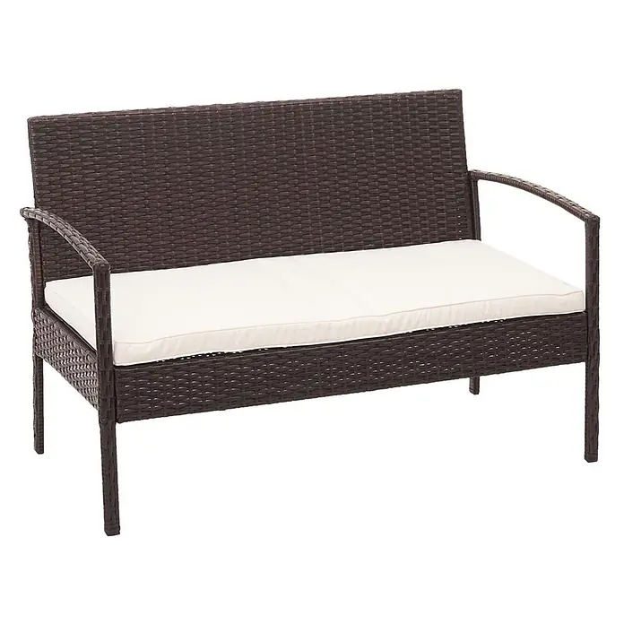 Poly-Rattan Garnitur | Balkon-/Garten-/Lounge-Set Sitzgruppe | Braun | Kissen Creme -  - Eine dunkelbraune Gartenbank im Rattan-Stil mit weißem Kissen.