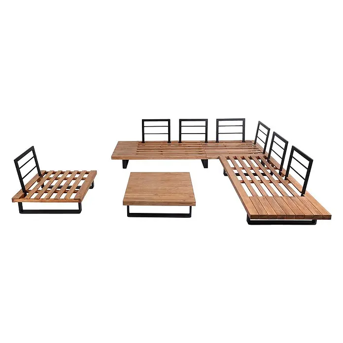 Garten-Garnitur mit Sessel | Lounge-Set Sofa | Spun Poly Akazie Holz FSC® Aluminium | Hellbraun | Polster Dunkelgrau -  - Modulares Outdoor-Lounge-Set mit Holzlatten und Couchtisch auf schwarzen Metallrahmen.