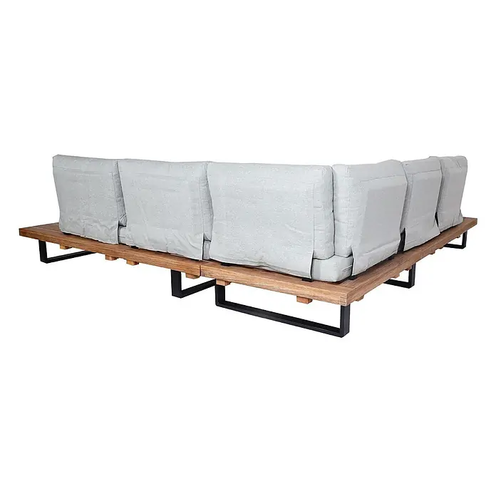 Garten-Garnitur mit Sessel | Lounge-Set Sofa | Spun Poly Akazie Holz FSC® Aluminium | Hellbraun | Polster Hellgrau -  - Modulares Outdoor-Sofa mit hellgrauen Kissen auf Holzlattenrost und schwarzen Metallbeinen.