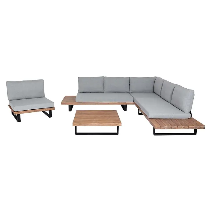 Garten-Garnitur mit Sessel | Lounge-Set Sofa | Spun Poly Akazie Holz FSC® Aluminium | Hellbraun | Polster Hellgrau -  - Modulares Outdoor-Lounge-Set mit hellgrauen Kissen, Holzlattenrahmen und schwarzen Metallbeinen, bestehend aus Ecksofa, Sessel und Couchtisch.