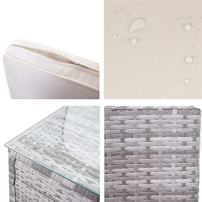 Mendler Poly-Rattan-Garnitur HWC-D24 - grau, Polster creme -  - Merkmale von Gartenmöbeln: cremefarbene Kissen mit Reißverschlüssen, wasserabweisender Stoff, graue Korbstruktur und eine Glasplatte.