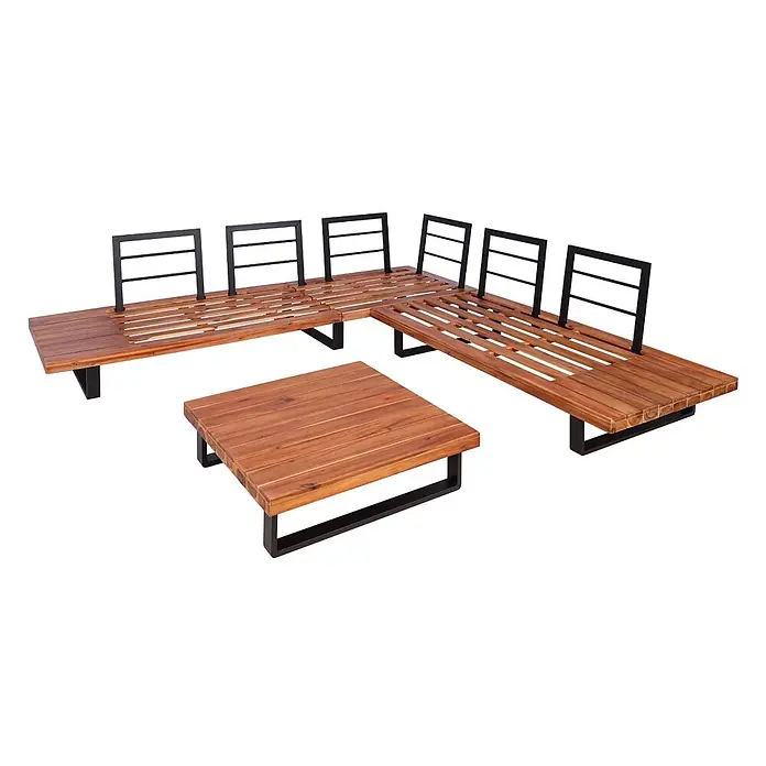 Garten-Garnitur | Garnitur Sitzgruppe Lounge-Set | Spun Poly Akazie Holz FSC® Alu | Braun | Polster Dunkelgrau -  - Modulares L-förmiges Outdoor-Lounge-Set mit braunen Holzlattenbänken, schwarzen Metalllehnen und passendem quadratischem Couchtisch.