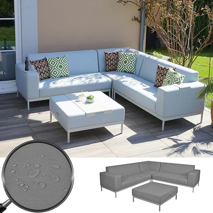 Alu-Garten-Garnitur | Sofa Outdoor Stoff/Textil | Blau ohne Ablage | ohne Kissen -  - Helles graues Outdoor-Ecksofa und Couchtisch auf einer Terrasse. Wetterfester Stoff.
