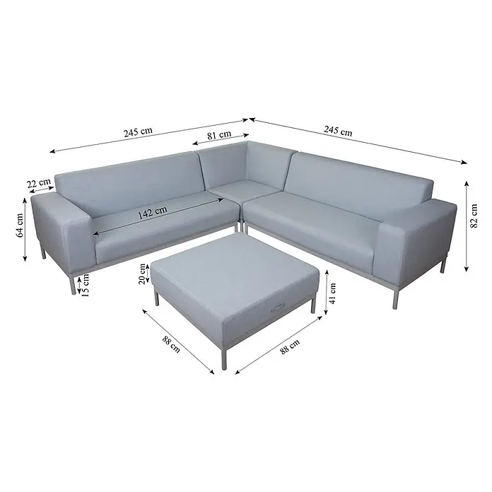 Alu-Garten-Garnitur | Sofa Outdoor Stoff/Textil | Blau ohne Ablage | ohne Kissen -  - Hellgraues Ecksofa mit Ottomane, inklusive aller Maße für die Möbelplanung.