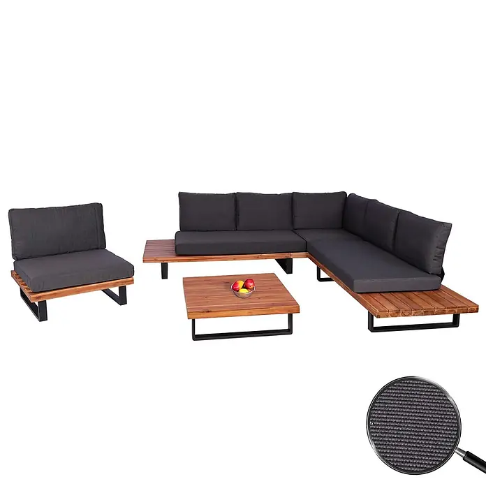 Garten-Garnitur mit Sessel | Lounge-Set Sofa | Spun Poly Akazie Holz FSC® Aluminium | Braun | Polster Dunkelgrau -  - Gartenlounge-Set aus Holz mit dunkelgrauen Polstern und Couchtisch für den Außenbereich.