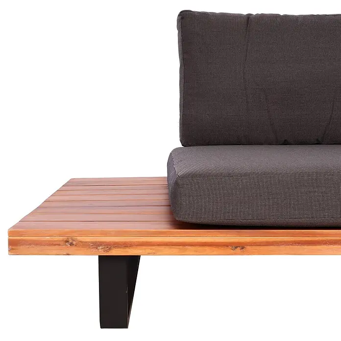 Garten-Garnitur mit Sessel | Lounge-Set Sofa | Spun Poly Akazie Holz FSC® Aluminium | Braun | Polster Dunkelgrau -  - Outdoor-Loungesofa mit Holzlattenrahmen und dunkelgrauen gestreiften Kissen.