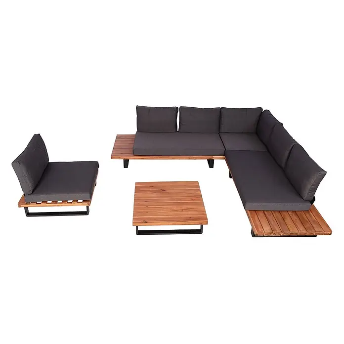 Garten-Garnitur mit Sessel | Lounge-Set Sofa | Spun Poly Akazie Holz FSC® Aluminium | Braun | Polster Dunkelgrau -  - Eine Outdoor-Lounge-Gruppe mit dunkelgrauen Kissen, Holzrahmen und schwarzen Metallfüßen, bestehend aus L-Sofa, Sessel und Couchtisch.