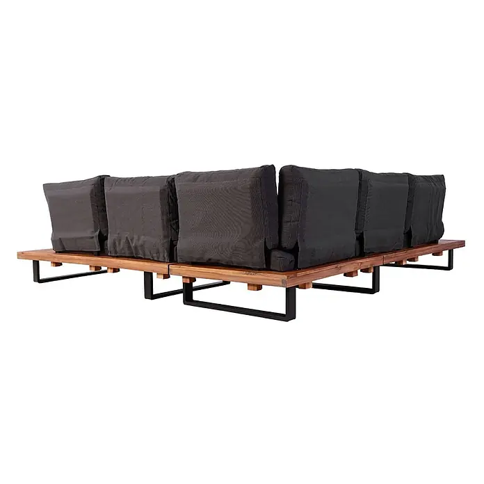 Garten-Garnitur mit Sessel | Lounge-Set Sofa | Spun Poly Akazie Holz FSC® Aluminium | Braun | Polster Dunkelgrau -  - Modulares Outdoor-Sofa mit dunkelgrauen Stoffkissen auf natürlicher Holzplattform und schwarzen Metallbeinen.