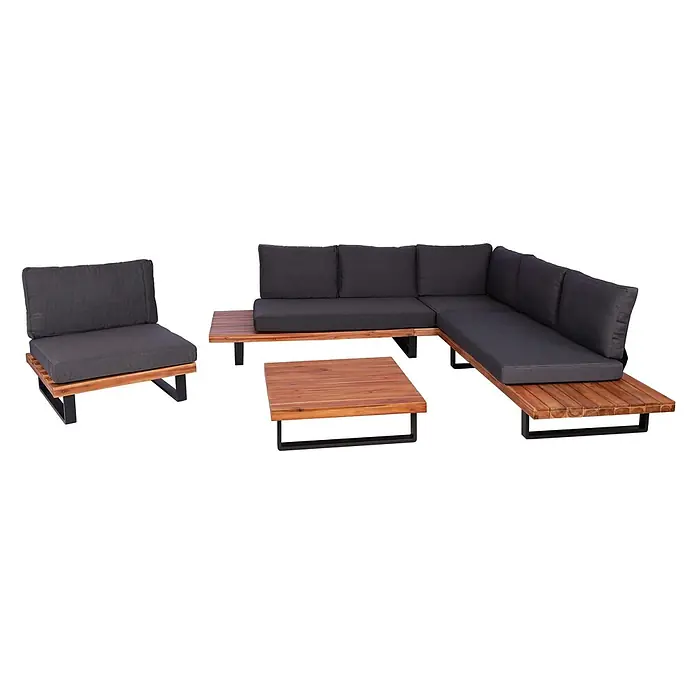 Garten-Garnitur mit Sessel | Lounge-Set Sofa | Spun Poly Akazie Holz FSC® Aluminium | Braun | Polster Dunkelgrau -  - Modulares Garten-Lounge-Set aus Holz mit dunkelgrauen Kissen, Sessel und Couchtisch.