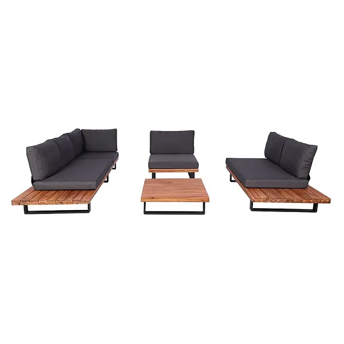 Garten-Garnitur mit Sessel | Lounge-Set Sofa | Spun Poly Akazie Holz FSC® Aluminium | Braun | Polster Dunkelgrau -  - Modulares Outdoor-Loungeset mit Holzlattenbasis, dunkelgrauen Kissen und passendem Couchtisch.