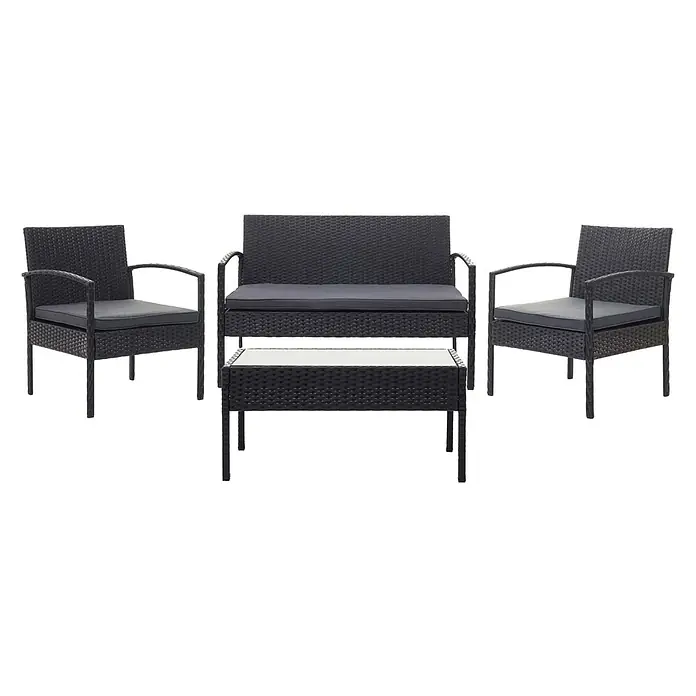 Mendler Loungemöbel-Set HWC-F56 - 4 -tlg., Polyrattan, Schwarz, Kissen dunkelgrau, Schwarz, dunkelgrau - Schwarzes Rattan-Gartenmöbelset mit zwei Sesseln, Zweiersofa und Couchtisch mit Glasplatte, alle mit dunkelgrauen Kissen.