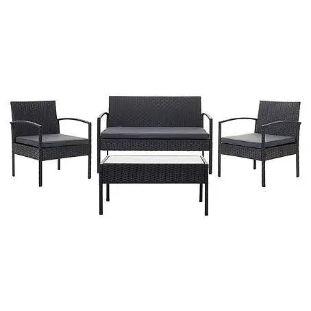 Poly-Rattan Garnitur | Balkon-/Garten-/Lounge-Set Sitzgruppe | Schwarz | Kissen Dunkelgrau