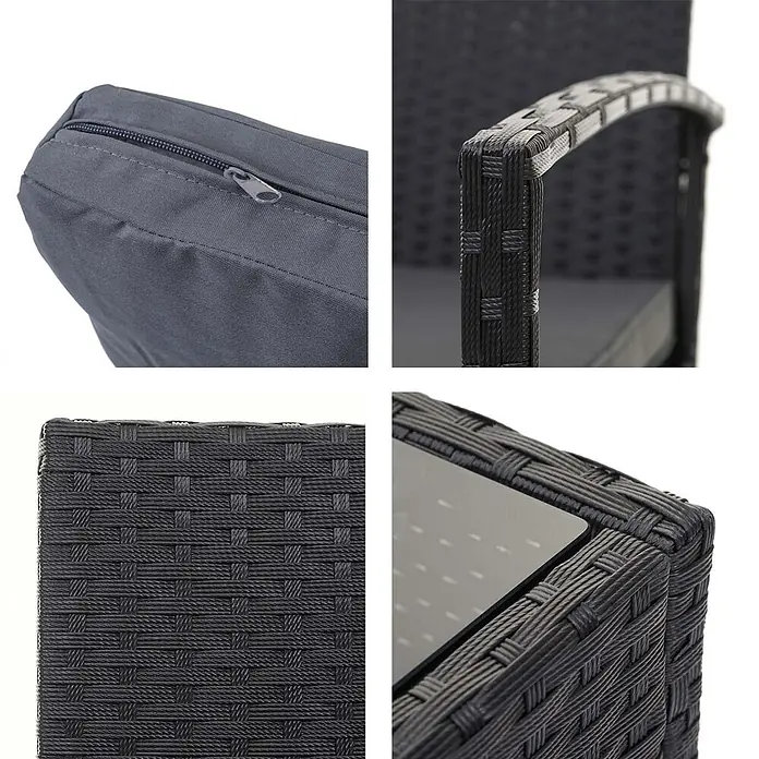 Mendler Loungemöbel-Set HWC-F56 - 4 -tlg., Polyrattan, Schwarz, Kissen dunkelgrau, Schwarz, dunkelgrau - Nahaufnahme von dunkelgrauen Rattan-Gartenmöbeln, zeigt Kissenreißverschluss, Armlehne, Geflecht und Glastischplatte.