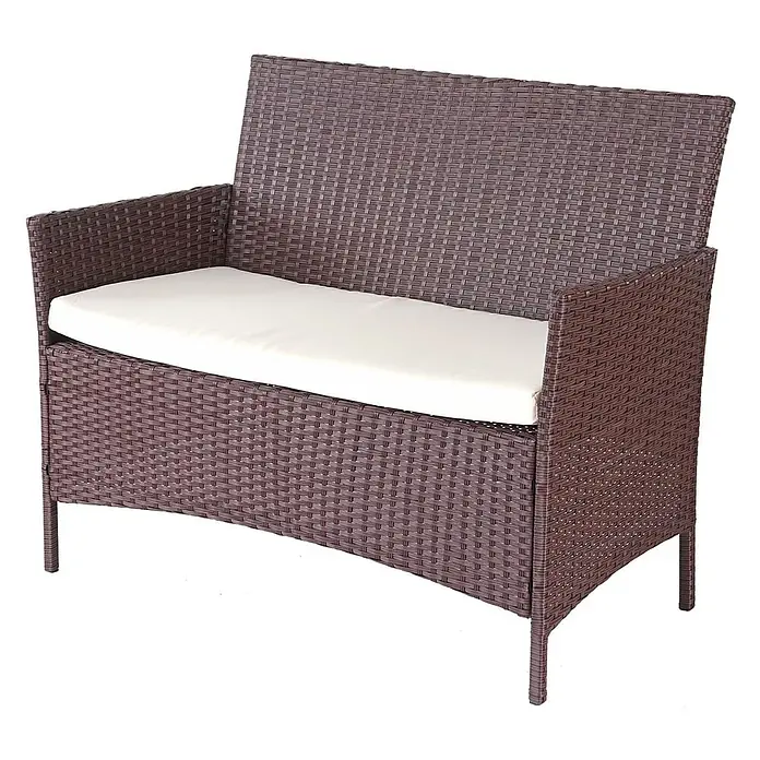 Poly-Rattan Garten-Garnitur | Sitzgruppe Lounge-Set | Braun-Meliert | Kissen Creme -  - Braune Rattan-Gartenbank mit weißem Kissen.