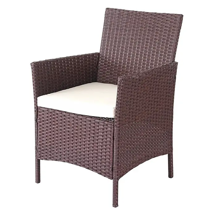 Poly-Rattan Garten-Garnitur | Sitzgruppe Lounge-Set | Braun-Meliert | Kissen Creme -  - Dunkelbrauner Sessel aus synthetischem Rattan mit Armlehnen und cremefarbenem Kissen.