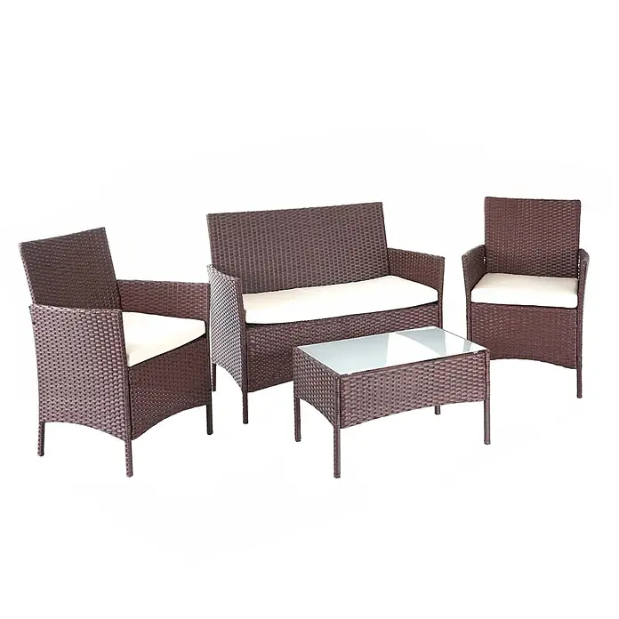 Poly-Rattan Garten-Garnitur | Sitzgruppe Lounge-Set | Braun-Meliert | Kissen Creme -  - Braunes Rattan-Gartenmöbel-Set mit zwei Sesseln, einem Zweisitzer-Sofa und einem Couchtisch mit Glasplatte, alle mit weißen Kissen.