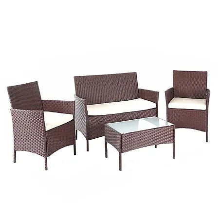Poly-Rattan Garten-Garnitur | Sitzgruppe Lounge-Set | Braun-Meliert | Kissen Creme