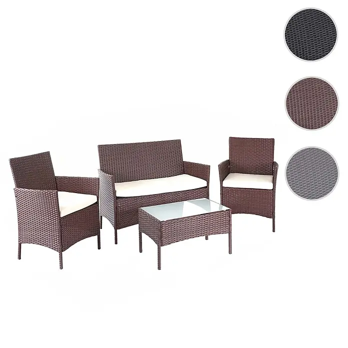 Poly-Rattan Garten-Garnitur | Sitzgruppe Lounge-Set | Braun-Meliert | Kissen Creme -  - Dunkelbraunes Rattan-Gartenmöbelset mit zwei Sesseln, einem Zweisitzer-Sofa und einem Couchtisch mit Glasplatte, alle mit cremefarbenen Kissen.