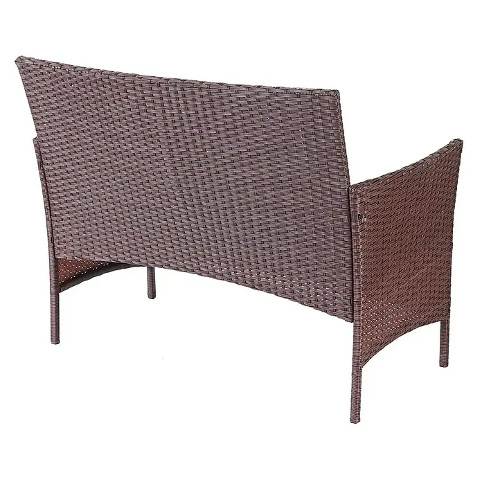 Poly-Rattan Garten-Garnitur | Sitzgruppe Lounge-Set | Braun-Meliert | Kissen Creme -  - Braune Rattan-Gartenbank, von hinten gesehen.
