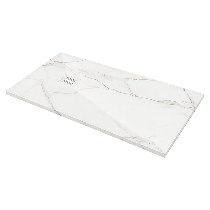 Plato de ducha Nova - L x An: 100 x 90 cm, Resinas sintéticas, Calacata blanco - Plato de ducha blanco con patrón de mármol y desagüe cuadrado.