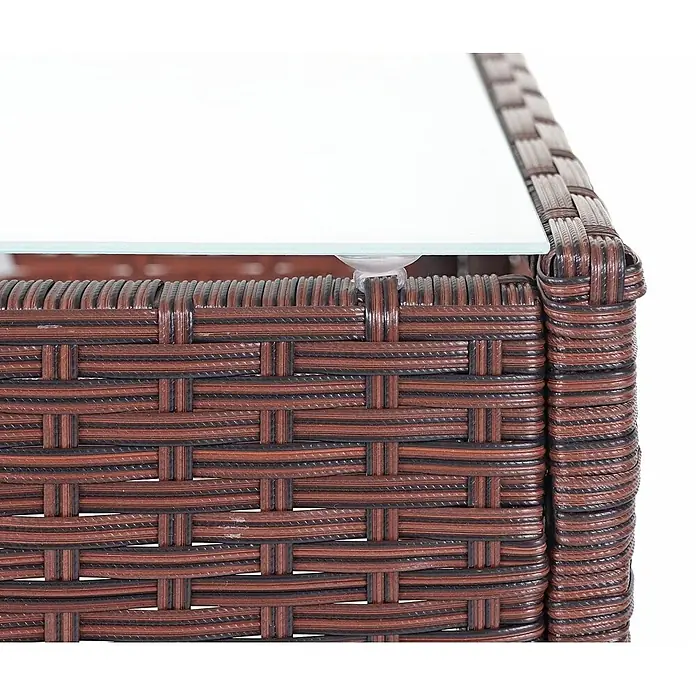 Poly-Rattan Garten-Garnitur | Sitzgruppe Lounge-Set | Braun-Meliert | Kissen Creme -  - Brauner geflochtener Rattantisch mit klarer Glasplatte.