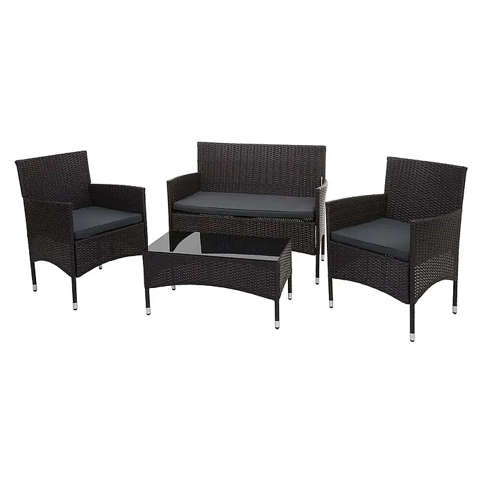 Poly-Rattan Garnitur | Balkon-/Garten-/Lounge-Set Sofa Sitzgruppe | Braun | Kissen Dunkelgrau -  - Dunkelbraunes Rattan-Gartenmöbelset (4-teilig): 2 Sessel, 1 Zweisitzer-Sofa mit grauen Kissen und 1 Glastisch. Silberne Beinkappen.