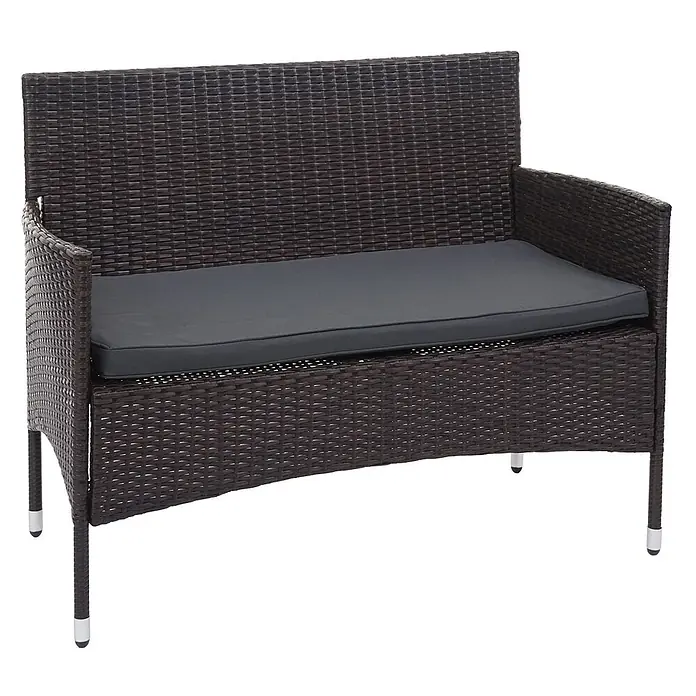 Poly-Rattan Garnitur | Balkon-/Garten-/Lounge-Set Sofa Sitzgruppe | Braun | Kissen Dunkelgrau -  - Dunkelbraune Rattan-Gartenbank für 2 Personen mit einem dunkelgrauen Kissen.