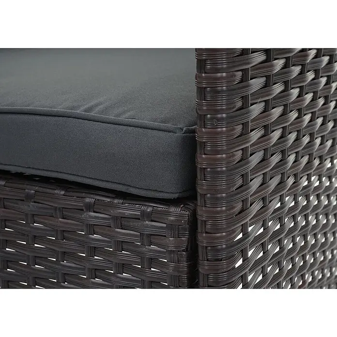 Poly-Rattan Garnitur | Balkon-/Garten-/Lounge-Set Sofa Sitzgruppe | Braun | Kissen Dunkelgrau -  - Nahaufnahme von dunkelbraunen Flechtmöbeln für den Außenbereich mit einem dunkelgrauen Stoffkissen.