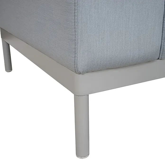 Alu-Garten-Garnitur | Sofa Outdoor Stoff/Textil | Blau mit Ablage | ohne Kissen -  - Hellegrauer gepolsterter Möbel-Eckteil mit Metallrahmen und -beinen.