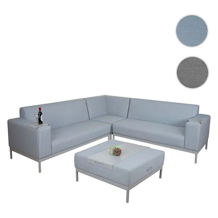 Alu-Garten-Garnitur | Sofa Outdoor Stoff/Textil | Blau mit Ablage | ohne Kissen -  - Hellblaues Outdoor-Lounge-Set: L-förmiges Sofa, Ottomane mit Tablett. Metallrahmen, -beine & abnehmbare Armlehntabletts. Farbmuster sichtbar.