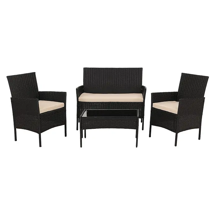 Poly-Rattan Garten-Garnitur | Sitzgruppe Lounge-Set | Metall Glas Stoff/Textil - 180g/m2 - Schwarzes Rattan-Gartenmöbel-Set mit beigen Kissen: 2 Stühle, 1 Sofa, 1 Couchtisch.