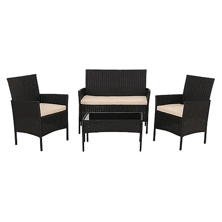 Poly-Rattan Garten-Garnitur | Sitzgruppe Lounge-Set | Metall Glas Stoff/Textil (180g/m2) | Anthrazit | Kissen Creme