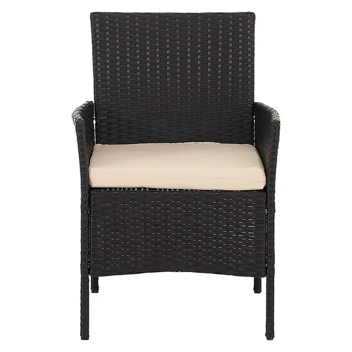Poly-Rattan Garten-Garnitur | Sitzgruppe Lounge-Set | Metall Glas Stoff/Textil - 180g/m2 - Dunkelbrauner geflochtener Gartenstuhl mit hellbeigem Sitzkissen.