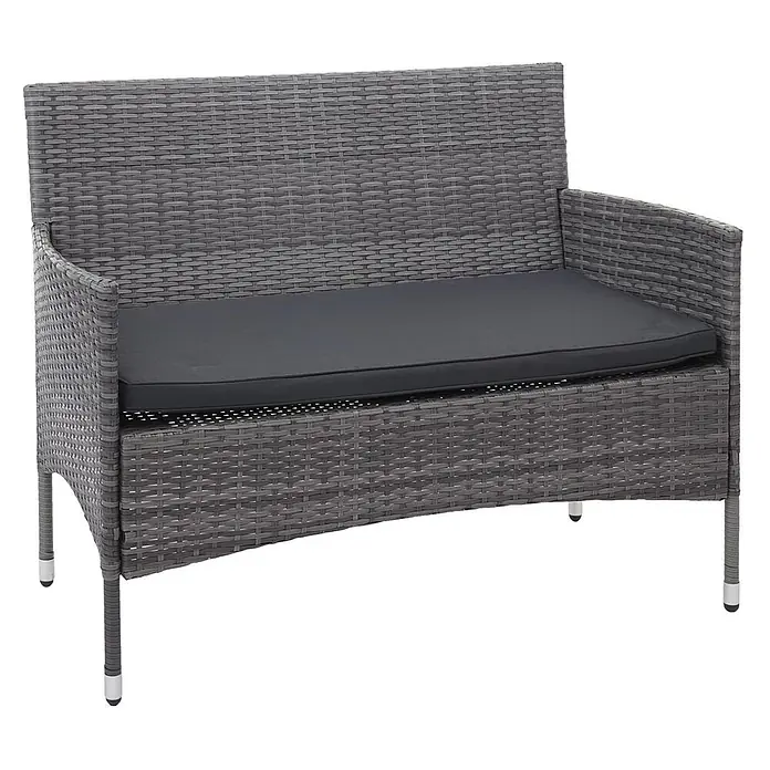 Poly-Rattan Garnitur | Balkon-/Garten-/Lounge-Set Sofa Sitzgruppe | Grau | Kissen Dunkelgrau -  - Gartenbank aus grauem Rattan-Effekt mit dunkelgrauem Kissen.