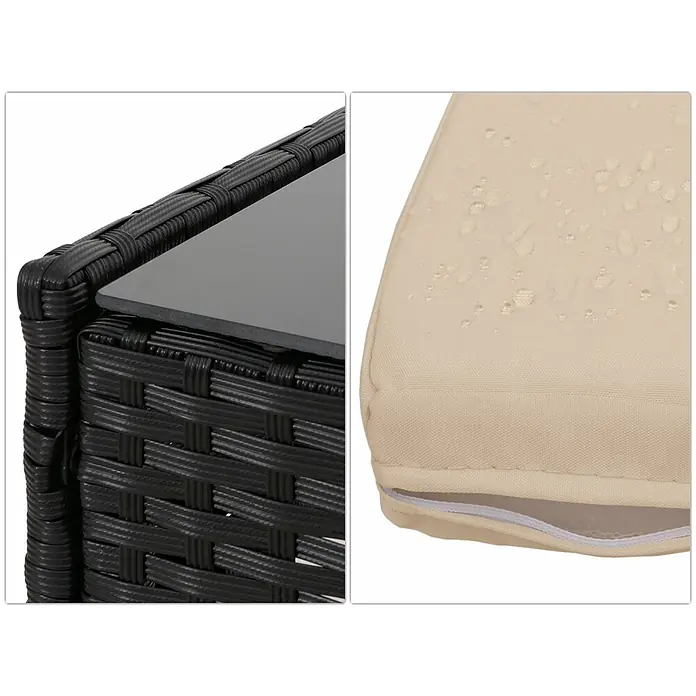 Poly-Rattan Garten-Garnitur | Sitzgruppe Lounge-Set | Metall Glas Stoff/Textil - 180g/m2 - Nahaufnahme von schwarzen Rattanmöbeln mit dunkler Platte und beigem, wasserabweisendem Kissen mit Reißverschluss.