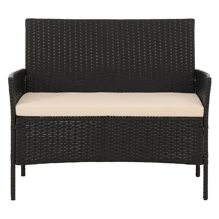 Poly-Rattan Garten-Garnitur | Sitzgruppe Lounge-Set | Metall Glas Stoff/Textil - 180g/m2 - Schwarze Rattan-Gartenbank mit hellbeigem Kissen.