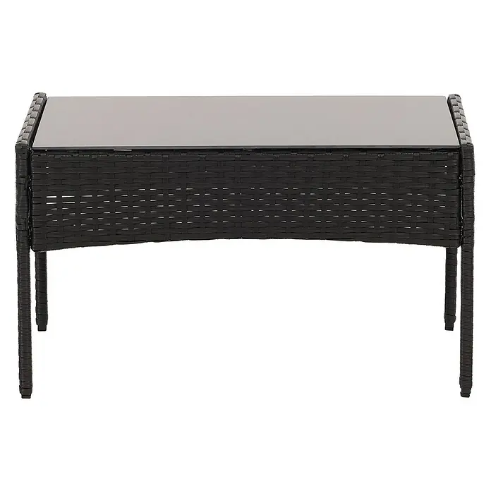 Poly-Rattan Garten-Garnitur | Sitzgruppe Lounge-Set | Metall Glas Stoff/Textil - 180g/m2 - Rechteckiger Gartentisch in schwarzer Rattan-Optik mit dunkler Glasplatte.