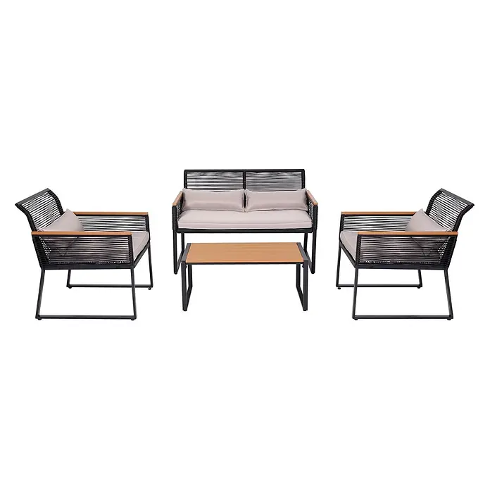Garten-Garnitur | Gartenlounge Lounge-Set Sitzgruppe Sofa | Seilgeflecht Rope Holzoptik Stahl | Polster Hellgrau -  - Outdoor-Loungeset mit 2 Sesseln, einer Zweisitzerbank und einem Couchtisch, alle mit schwarzem Seilgeflecht, Holzdetails und hellen Kissen.