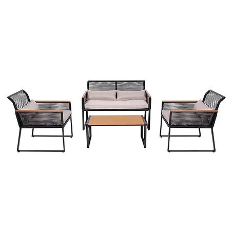 Garten-Garnitur | Gartenlounge Lounge-Set Sitzgruppe Sofa | Seilgeflecht Rope Holzoptik Stahl | Polster Hellgrau