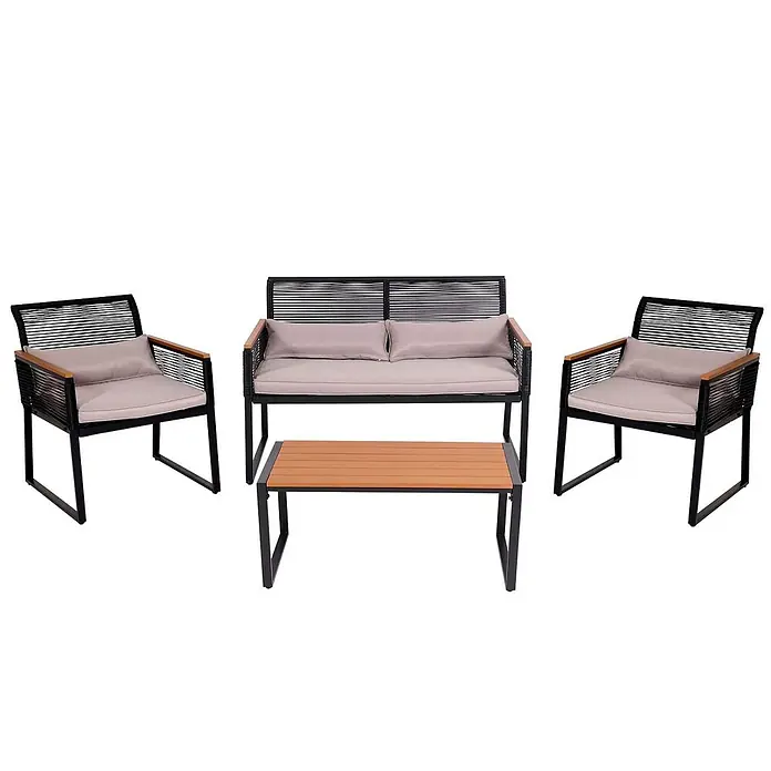 Garten-Garnitur | Gartenlounge Lounge-Set Sitzgruppe Sofa | Seilgeflecht Rope Holzoptik Stahl | Polster Hellgrau -  - Gartenmöbel-Set: 2-Sitzer-Sofa, 2 Sessel und Couchtisch. Schwarze Metallrahmen, geflochtenes Seil, hellbeige Kissen, holzähnliche Akzente.