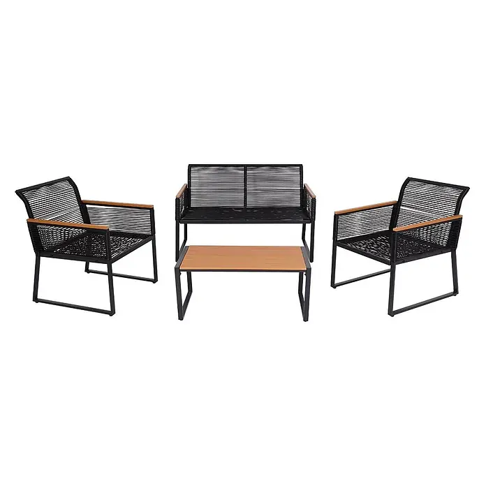 Garten-Garnitur | Gartenlounge Lounge-Set Sitzgruppe Sofa | Seilgeflecht Rope Holzoptik Stahl | Polster Hellgrau -  - Gartenmöbel-Set aus schwarzem Metall und geflochtenem Seil mit Holzdetails, bestehend aus zwei Stühlen, einer Bank und einem Couchtisch.
