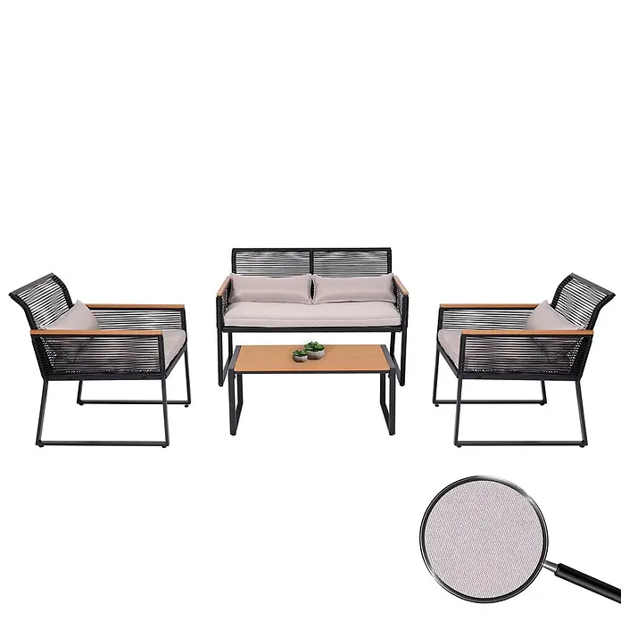 Garten-Garnitur | Gartenlounge Lounge-Set Sitzgruppe Sofa | Seilgeflecht Rope Holzoptik Stahl | Polster Hellgrau -  - 4-teiliges Terrassen-Set mit schwarzen Seilsesseln, Liebessofa und Tisch. Mit beigen Kissen, schwarzen Metallrahmen und Holzoptik-Akzenten.