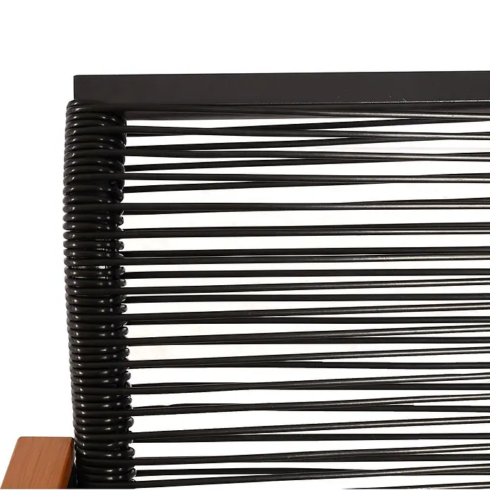 Garten-Garnitur | Gartenlounge Lounge-Set Sitzgruppe Sofa | Seilgeflecht Rope Holzoptik Stahl | Polster Hellgrau -  - Stuhllehne aus schwarzen geflochtenen Schnüren und Rahmen, mit Holzakzent.